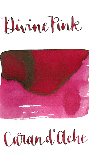 Pink fountain pen ink from Caran d'Ache, made in Switzerland.  Not waterproof Available in 50ml bottle, 6-pack of standard international cartridges, or 4ml sample
