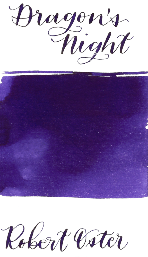 Robert Oster Dragon’s Night is a vibrant blue-violet fountain pen ink with medium shading and medium copper sheen.