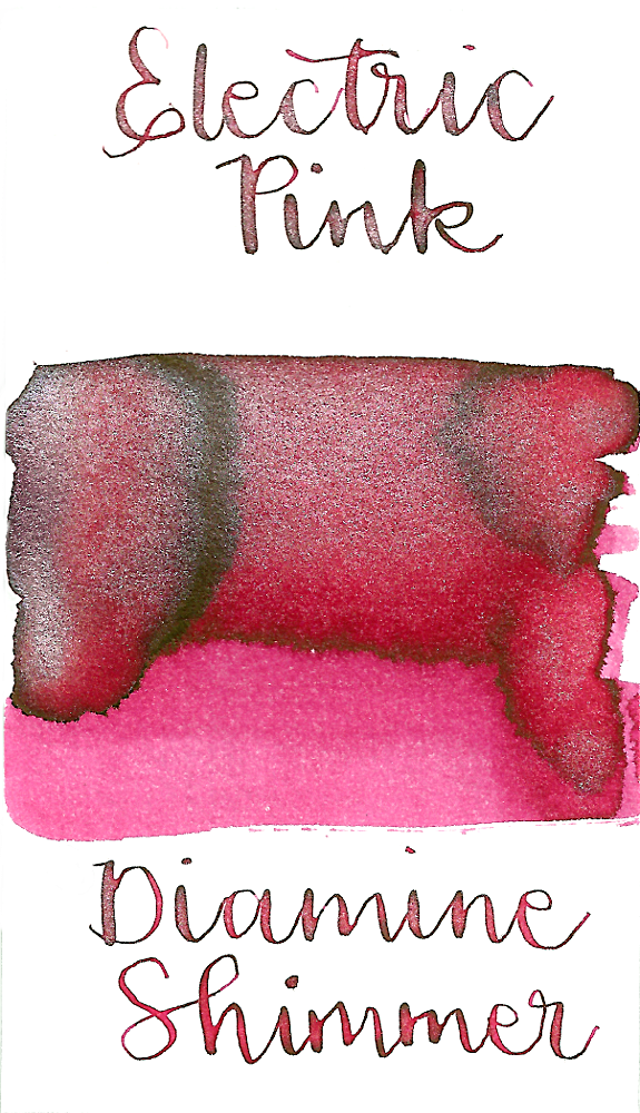 Diamine Electric Pink from the 2017 Shimmertastic collection is a bright hot pink fountain pen ink with medium shading, a pop of brown sheen in large swabs, and silver shimmer.