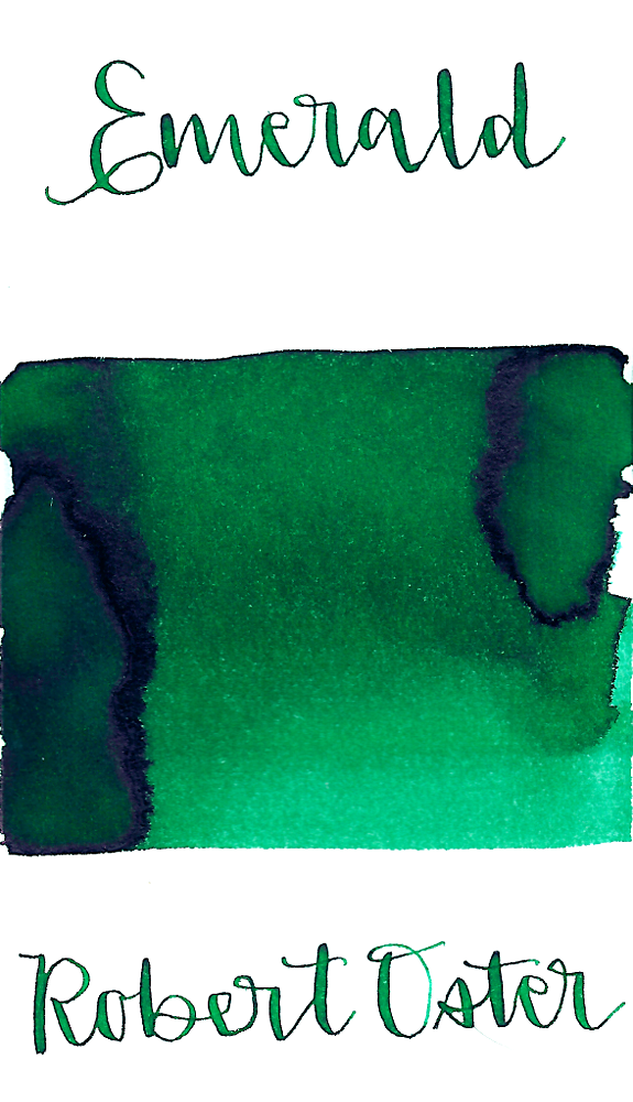 Robert Oster Emerald is a medium bright green fountain pen ink with medium shading and medium pink sheen. 