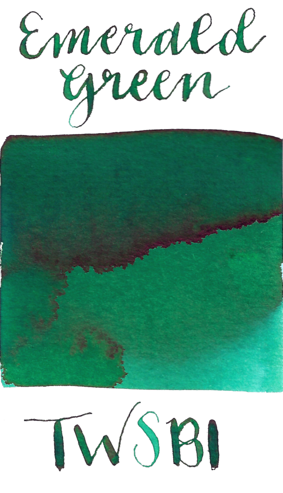 TWSBI Emerald Green is a medium green fountain pen ink with a slight blue undertone and low shading. It dries in 20 seconds in a medium nib on Rhodia paper and has an average flow.