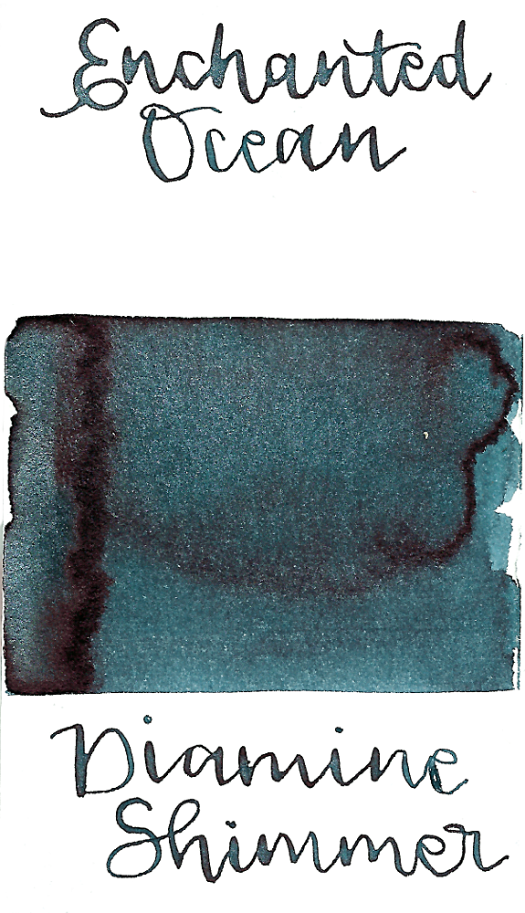 Diamine Enchanted Ocean from the 2016 Shimmertastic collection is a dark blue fountain pen ink with low shading, low red sheen, and silver shimmer.