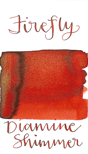 Diamine Firefly from the 2017 Shimmertastic collection is a vibrant orange-red fountain pen ink with low shading and gold shimmer.