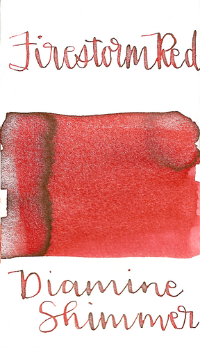 Diamine Firestorm Red from the 2015 Shimmertastic collection is a classic medium red fountain pen ink with silver shimmer.