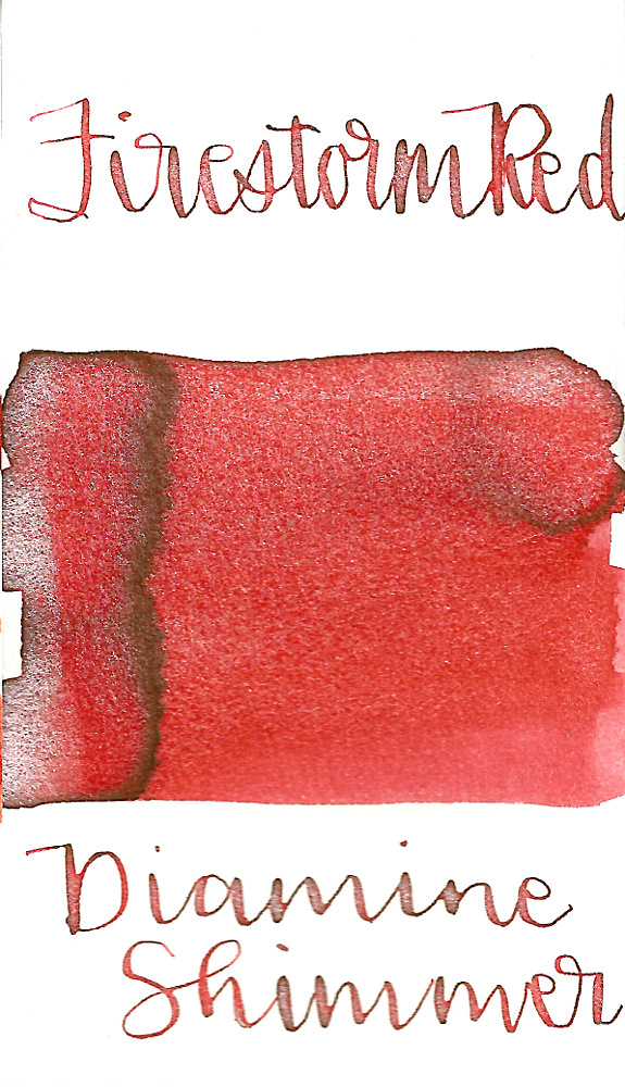 Diamine Firestorm Red from the 2015 Shimmertastic collection is a classic medium red fountain pen ink with silver shimmer.