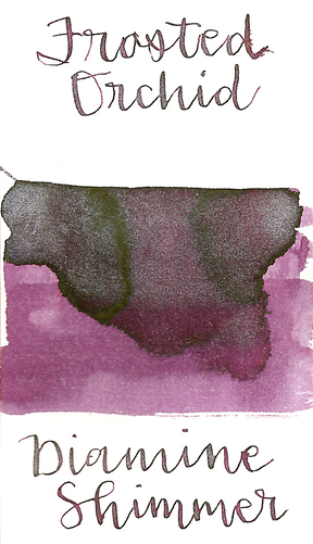 Diamine Frosted Orchid from the 2017 Shimmertastic collection is a dusky purple fountain pen ink with medium shading and silver shimmer.