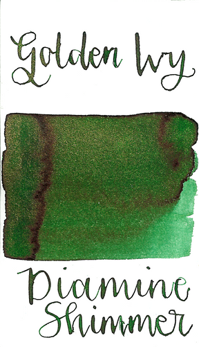 Diamine Golden Ivy from the 2017 Shimmertastic collection is a dark green fountain pen ink with medium shading, medium red sheen, and gold shimmer.