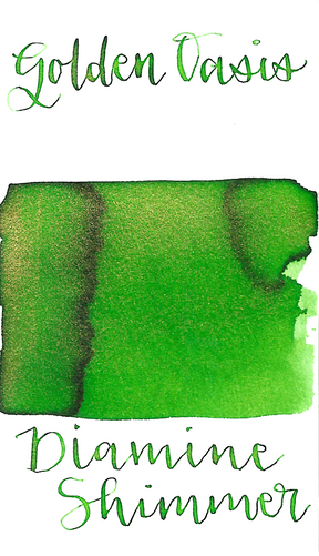 Diamine Golden Oasis from the 2016 Shimmertastic collection is a medium bright green fountain pen ink with low shading and gold shimmer.
