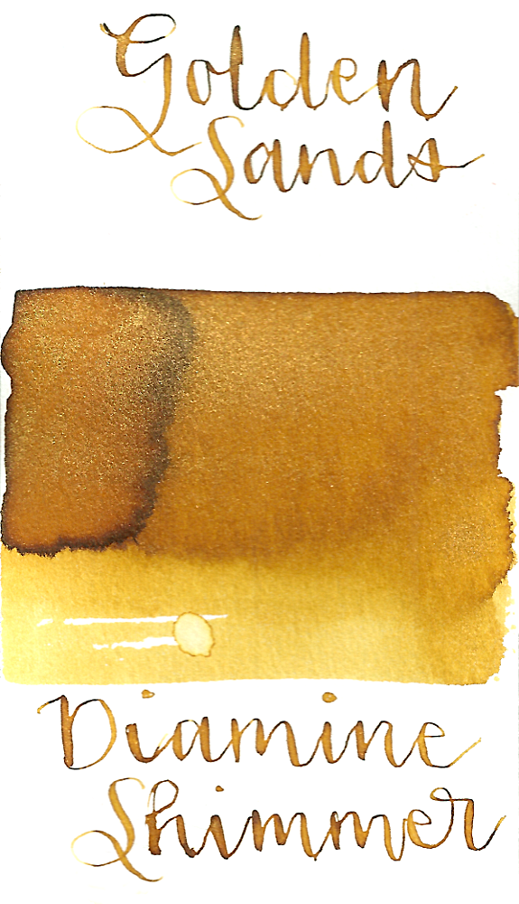 Diamine Golden Sands from the 2015 Shimmertastic collection is a golden yellow fountain pen ink with gold shimmer.