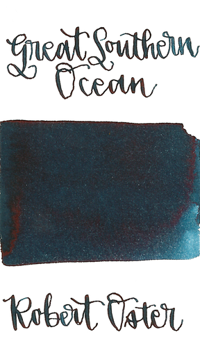 Robert Oster Great Southern Ocean is a beautiful, deep indigo-blue fountain pen ink that borders on being blue-black, with medium shading and low red sheen.
