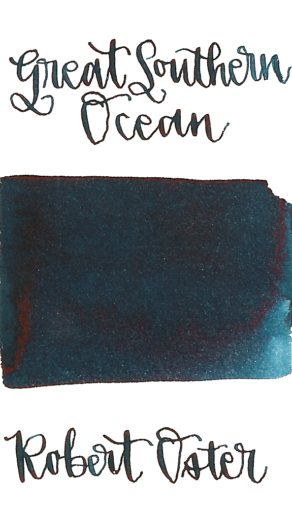 Robert Oster Great Southern Ocean is a beautiful, deep indigo-blue fountain pen ink that borders on being blue-black, with medium shading and low red sheen.