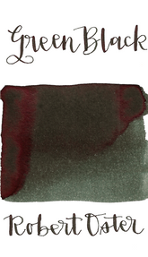 Robert Oster Green Black (aka Grun-Schwarz) is a dark green fountain pen ink with medium shading and low black sheen.