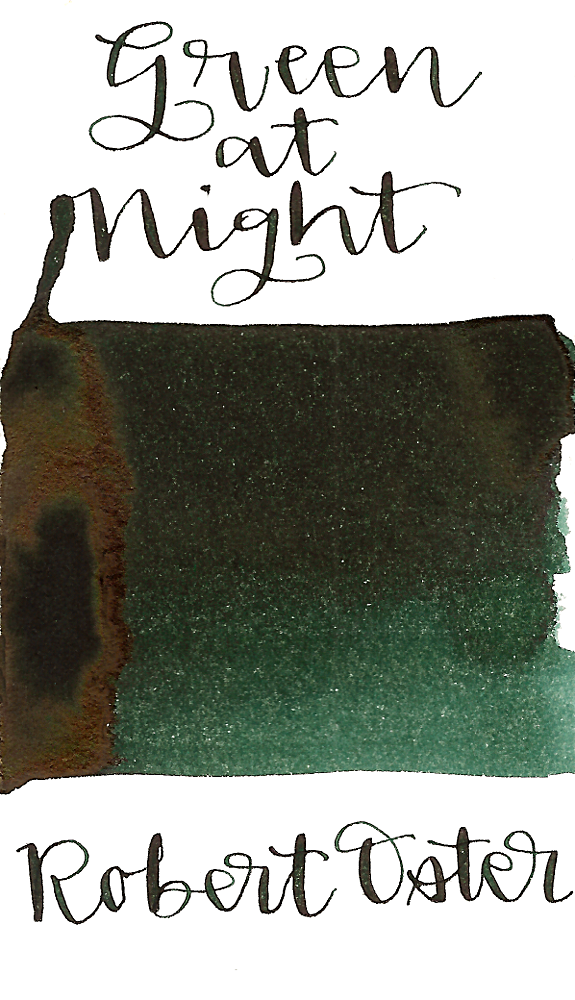 Robert Oster Green at Night is a great dark green fountain pen ink with medium shading and medium red sheen.