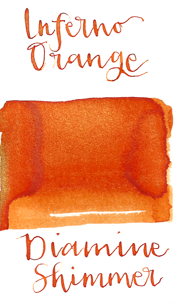 Diamine Inferno Orange from the 2016 Shimmertastic collection is a bold warm toned orange fountain pen ink with low shading and gold shimmer.