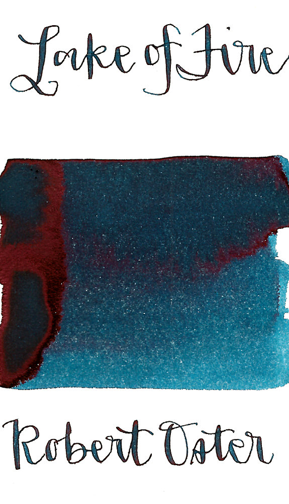 Robert Oster Lake of Fire is a deep blue fountain pen ink with a slight green undertone, medium shading, and medium pink sheen.