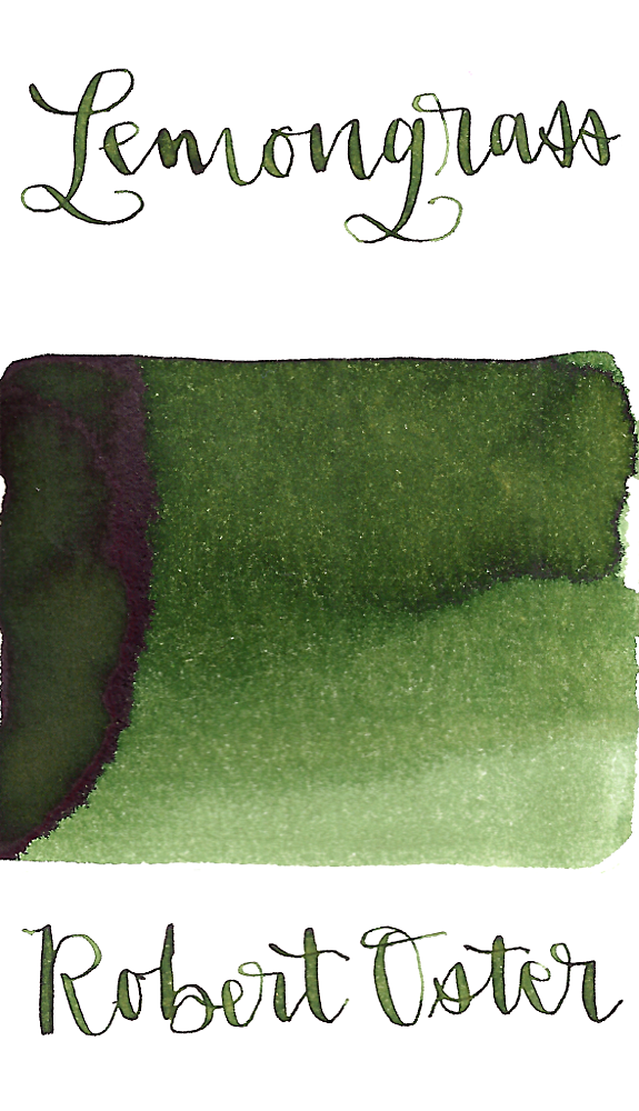 Robert Oster Lemongrass fountain pen ink ranges from medium to dark green with medium shading.