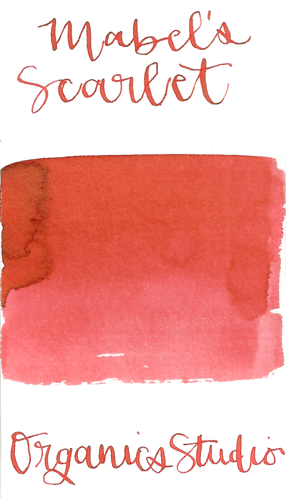 Maebel's Scarlet is a medium saturation red/pink fountain pen ink that shades very well. This ink will change color, depending highly on the pen and paper used.