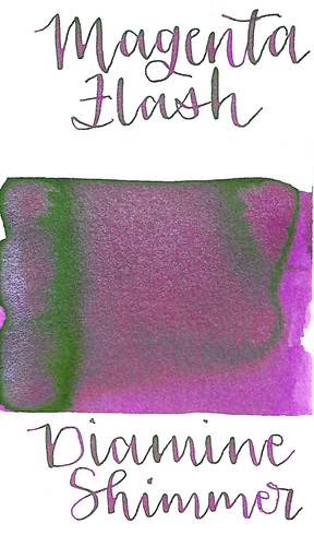 Diamine Magenta Flash from the 2016 Shimmertastic collection is a bright magenta pink fountain pen ink with low shading, low green sheen, and silver shimmer.