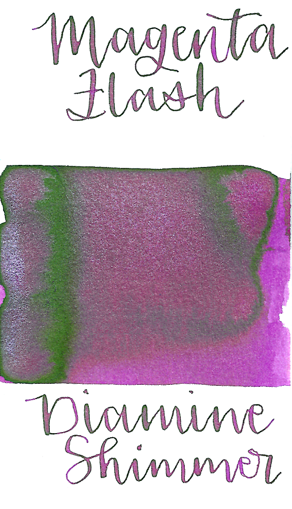 Diamine Magenta Flash from the 2016 Shimmertastic collection is a bright magenta pink fountain pen ink with low shading, low green sheen, and silver shimmer.