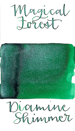 Diamine Magical Forest from the 2015 Shimmertastic collection is a medium green fountain pen ink with medium shading and silver shimmer.