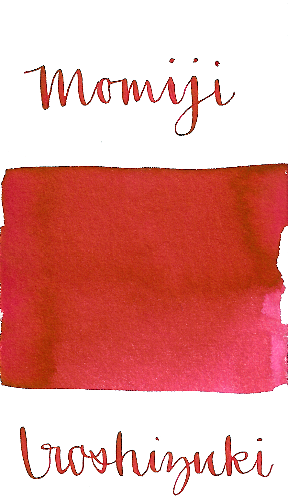 Pilot Iroshizuku Momiji, aka Autumn Leaves, is a vibrant red-pink fountain pen ink. 