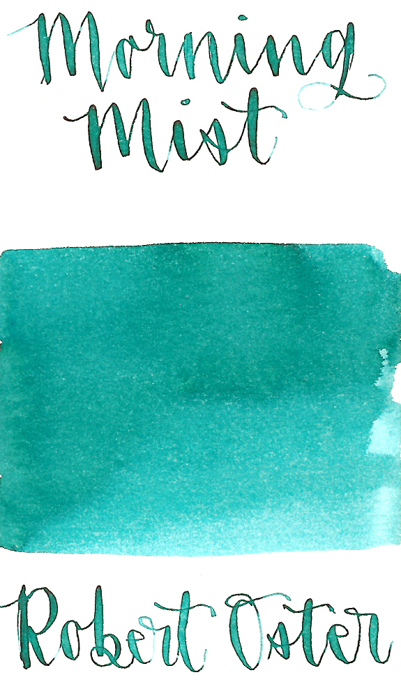 Robert Oster Morning Mist is a medium blue-green fountain pen ink with medium shading and low pink sheen.