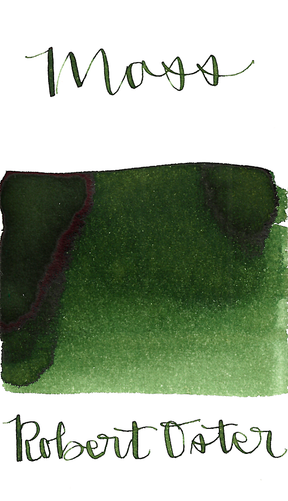 Robert Oster Moss is a dark mossy green fountain pen ink with medium shading.