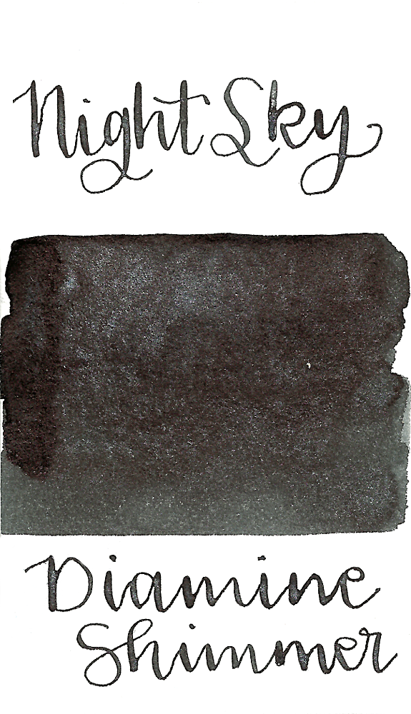 Diamine Night Sky from the 2015 Shimmertastic collection is a black fountain pen ink with silver shimmer.
