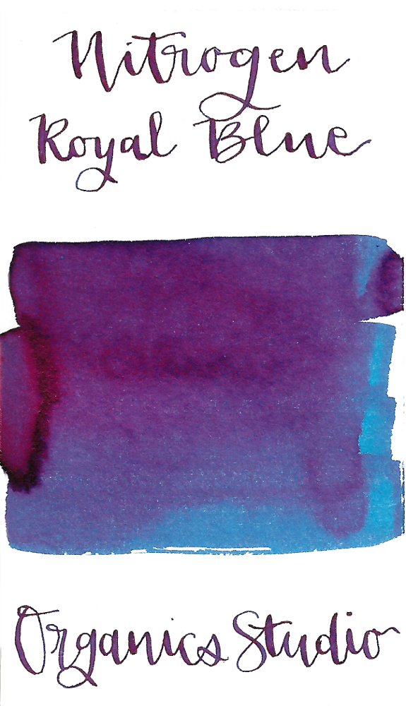Fountain pen ink from Organics Studio, handmade in Maryland. If you are seeking a good sheening fountain pen ink, then this is for you! A Royal blue ink, with strong red to purple sheen even with less than fountain pen friendly paper.
