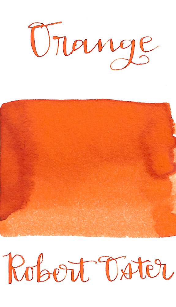 Robert Oster Orange is a vibrant medium orange fountain pen ink with medium shading and low orange sheen.
