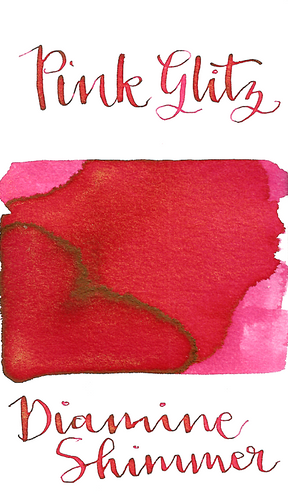 Diamine Pink Glitz from the 2016 Shimmertastic collection is a bright warm pink fountain pen ink with gold shimmer.