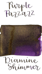 Diamine Purple Pazzazz from the 2019 Shimmertastic collection is a dark purple fountain pen ink with low shading, gold sheen in large swabs, and gold shimmer.