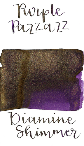 Diamine Purple Pazzazz from the 2019 Shimmertastic collection is a dark purple fountain pen ink with low shading, gold sheen in large swabs, and gold shimmer.