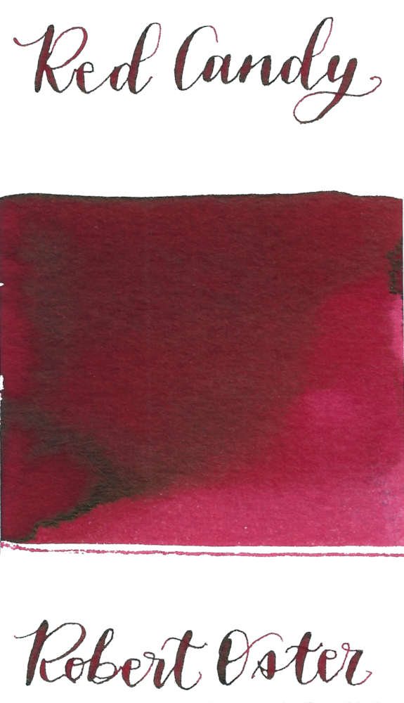 Robert Oster Red Candy is a medium red fountain pen ink with medium shading and medium brown sheen.