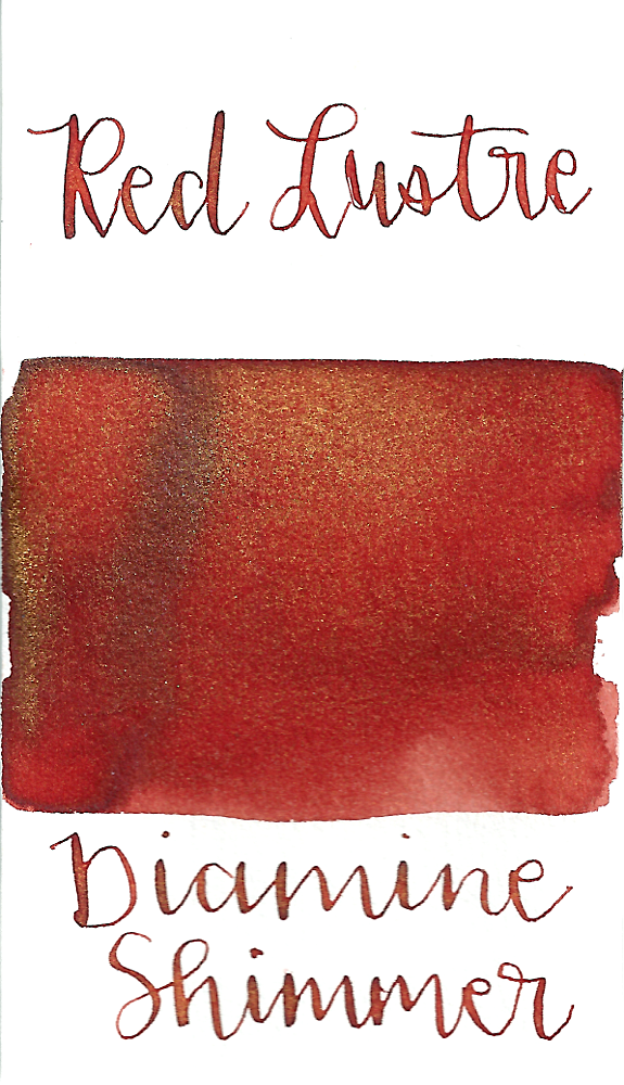 Diamine Red Lustre from the 2015 Shimmertastic collection is a dark red fountain pen ink with low shading and gold shimmer.