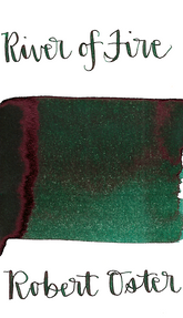 Robert Oster River of Fire is a dark green fountain pen ink with low shading and low red sheen. 