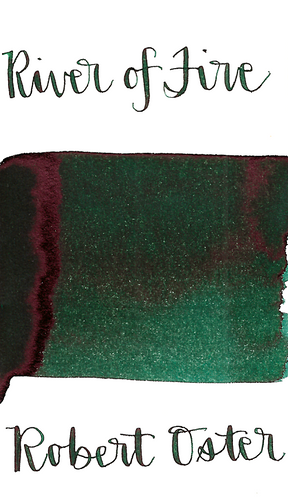 Robert Oster River of Fire is a dark green fountain pen ink with low shading and low red sheen. 
