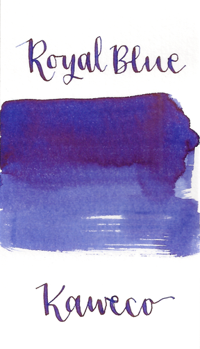 Kaweco Royal Blue is a medium royal blue fountain pen ink with medium shading and high copper sheen. It dries in 20 seconds in a medium nib on Rhodia and has an average flow. Kaweco ink is made in Germany.