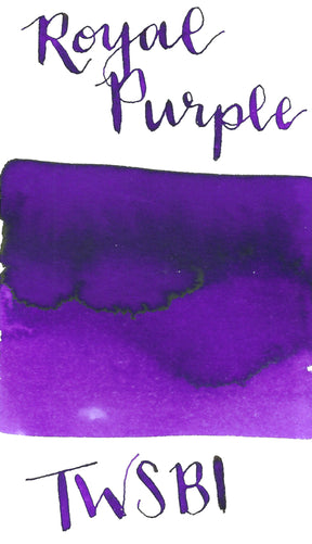 TWSBI Royal Purple is a medium purple fountain pen ink with low shading. It dries in 20 seconds in a medium nib on Rhodia paper and has an average flow. TWSBI is based in Taiwan and the ink is produced in China.