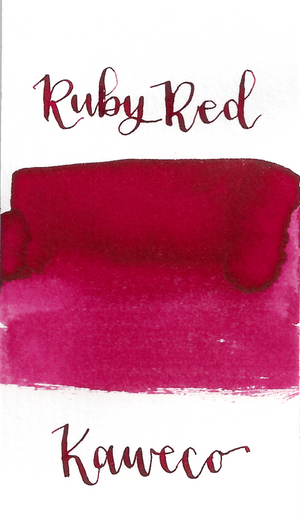 Kaweco Ruby Red is a medium red fountain pen ink that leans pink with medium shading. It dries in 40 seconds in a medium nib on Rhodia and has an average flow. Kaweco ink is made in Germany.