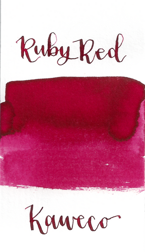 Kaweco Ruby Red is a medium red fountain pen ink that leans pink with medium shading. It dries in 40 seconds in a medium nib on Rhodia and has an average flow. Kaweco ink is made in Germany.