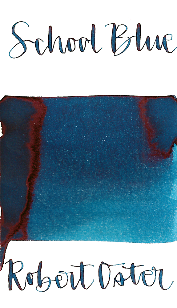 Robert Oster School Blue is a dark blue fountain pen ink with medium shading and medium pink sheen. 