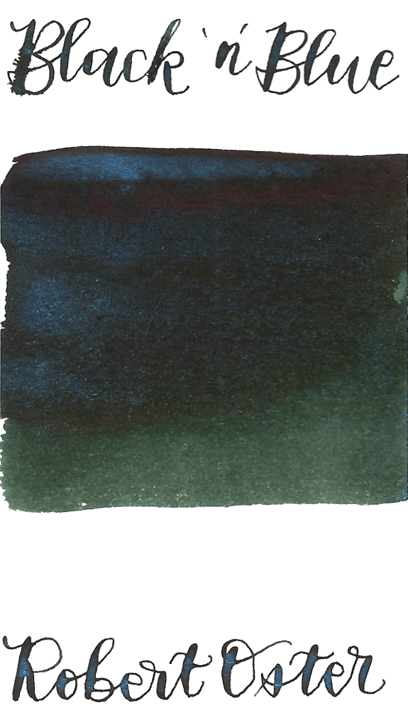 Robert Oster Black ‘N’ Blue from the Shake ‘N’ Shimmy collection is a dark green black fountain pen ink with medium shading and blue shimmer.