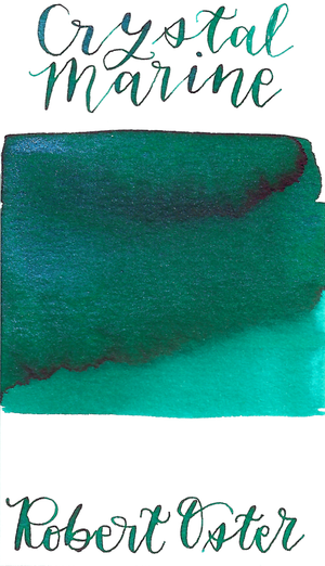 Robert Oster Crystal Marine from the Shake ‘N’ Shimmy collection is a dark teal green fountain pen ink with medium shading, medium pink sheen, and blue shimmer.