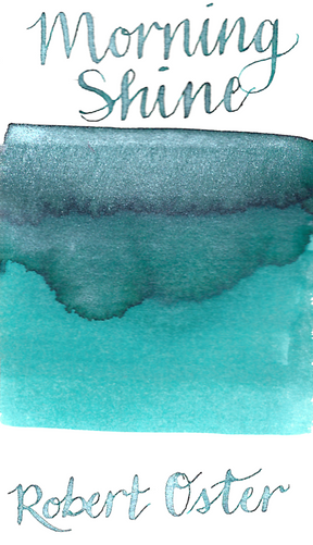 Robert Oster Morning Shine from the Shake ‘N’ Shimmy collection is a medium turquoise fountain pen ink with a slight green undertone, medium shading, and silver shimmer.