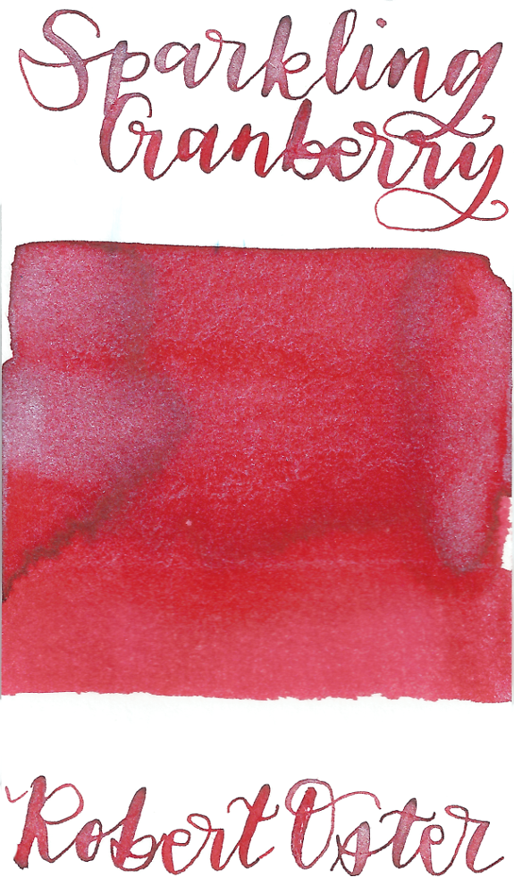 Robert Oster Sparkling Cranberry from the Shake ‘N’ Shimmy collection is a bright red fountain pen ink with medium shading and silver shimmer.