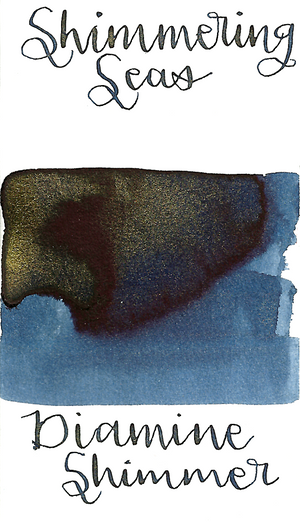 Diamine Shimmering Seas from the 2015 Shimmertastic collection is a rich blue black fountain pen ink with low shading and gold shimmer.