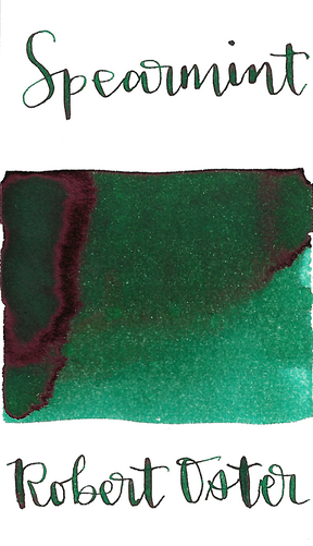 Robert Oster Spearmint is a dark green fountain pen ink with medium shading and medium pink sheen.