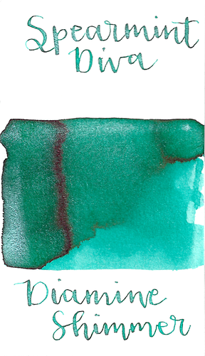 Diamine Spearmint Diva from the 2017 Shimmertastic collection is a gorgeous medium teal fountain pen ink with medium shading and silver shimmer.