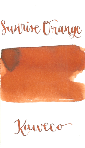 Kaweco Sunrise Orange is a medium orange fountain pen ink with medium shading. It dries in 30 seconds in a medium nib on Rhodia and has an average flow. Kaweco ink is made in Germany.